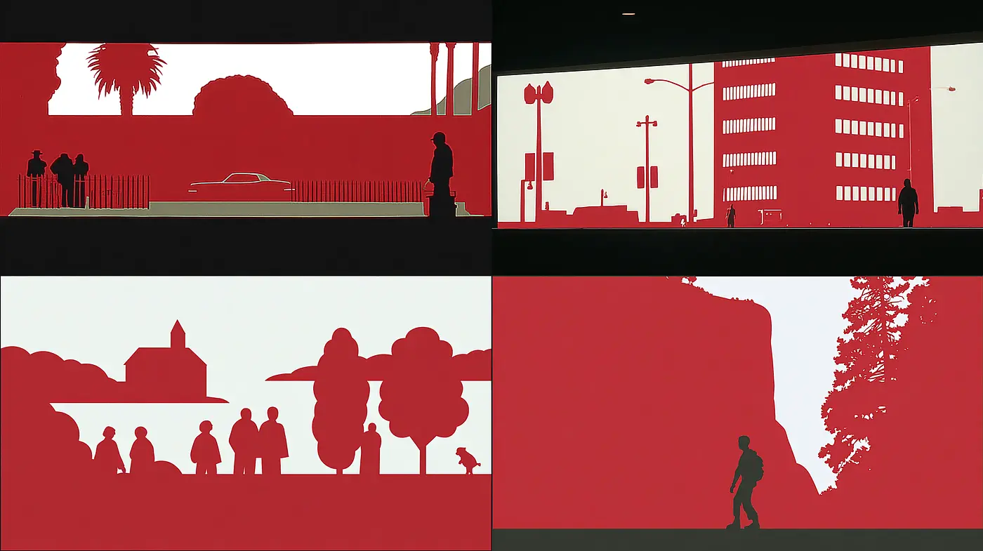 Stylized Urban Silhouettes with a Minimalist and Graphic Approach - Midjourney sref style