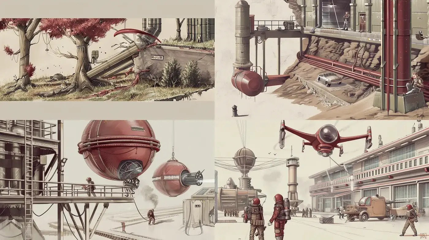 Futuristic retro landscape art with intricate details and muted tones - Midjourney sref style