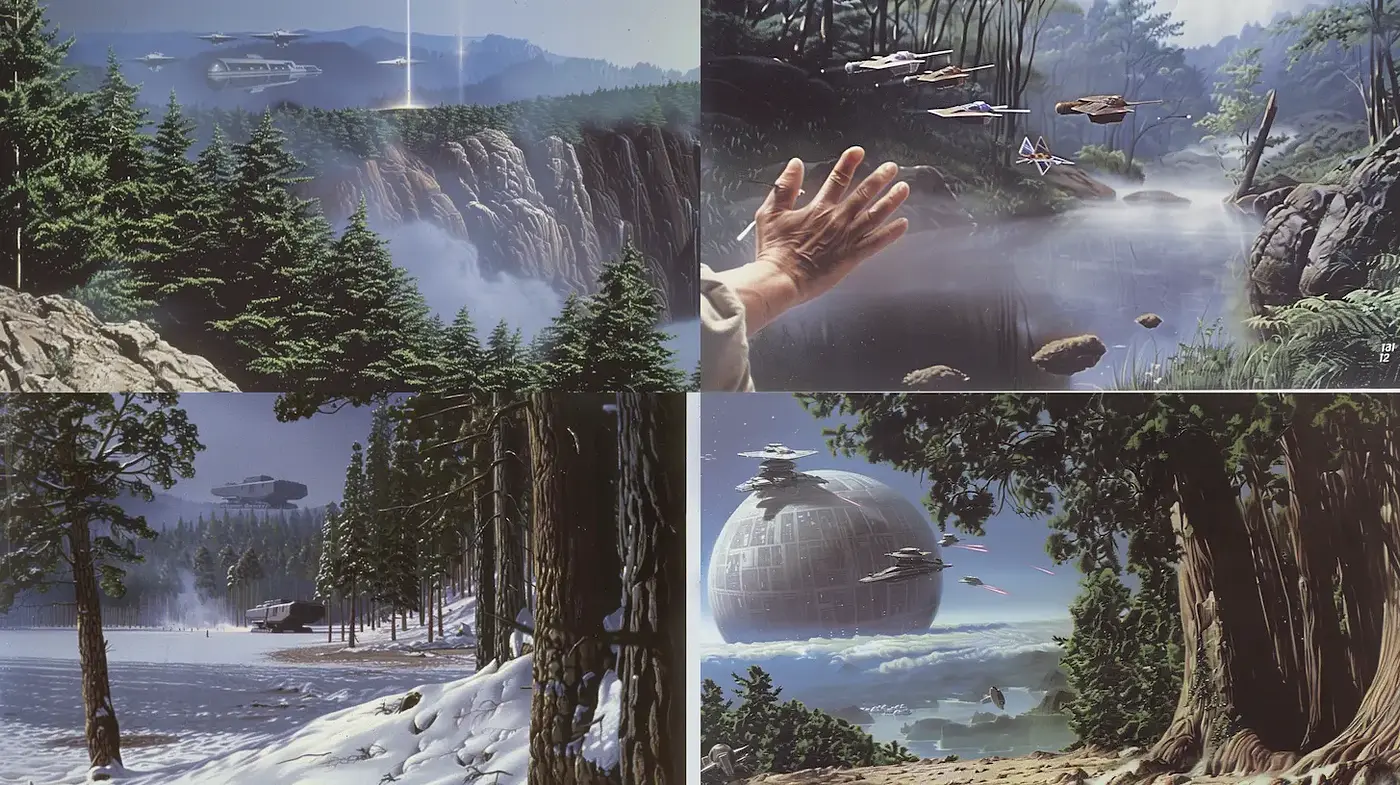 Futuristic Landscapes with Nostalgic Undertones and Surreal Elements - Midjourney sref style