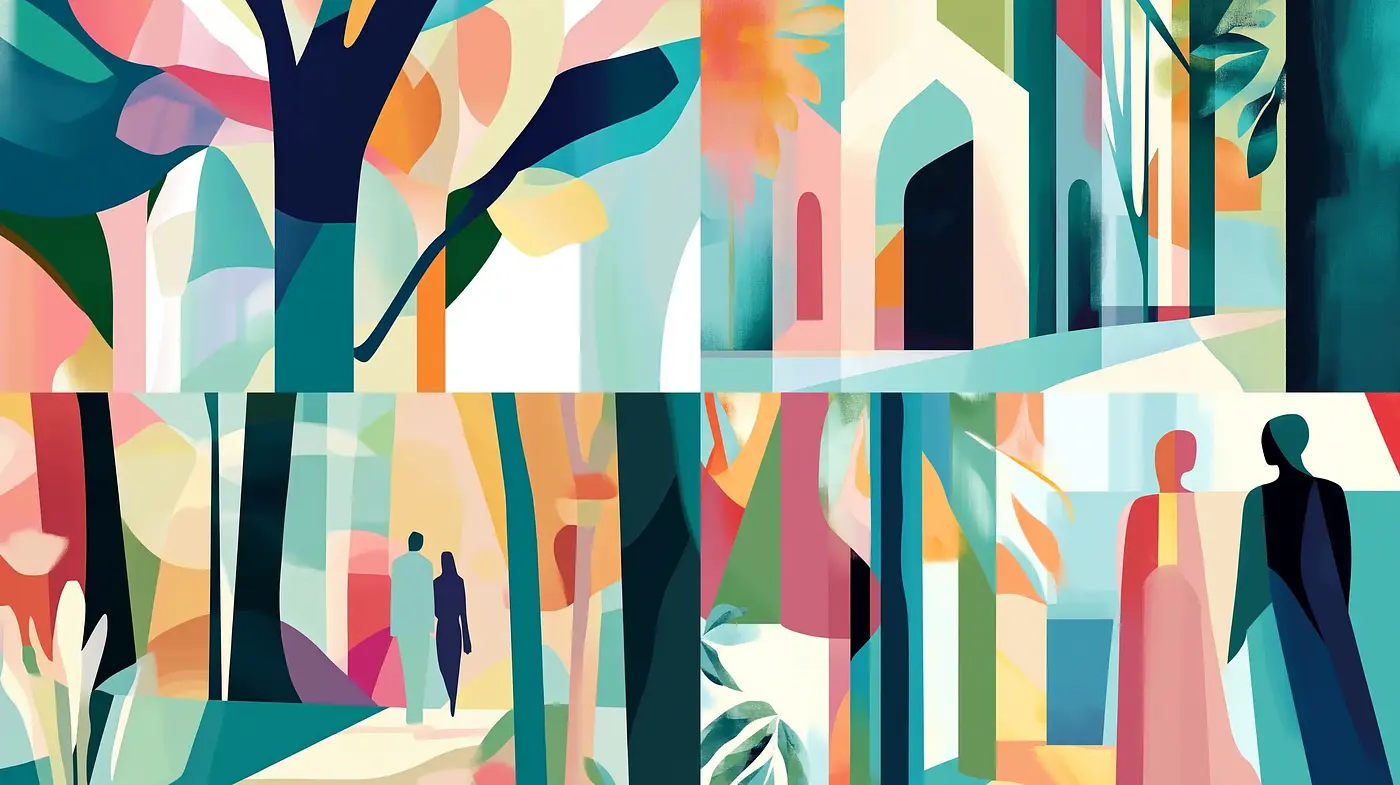 Serene Harmony of Abstracted Nature and Human Forms in Modernist Palette - Midjourney sref style