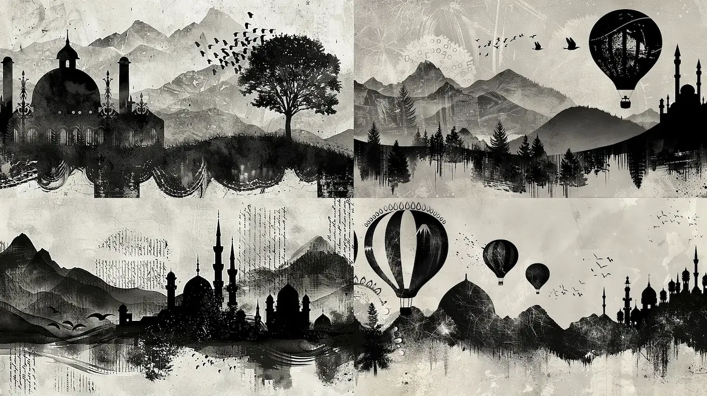 Mysterious and Atmospheric Landscape with Fluid Ink Techniques - Midjourney sref style