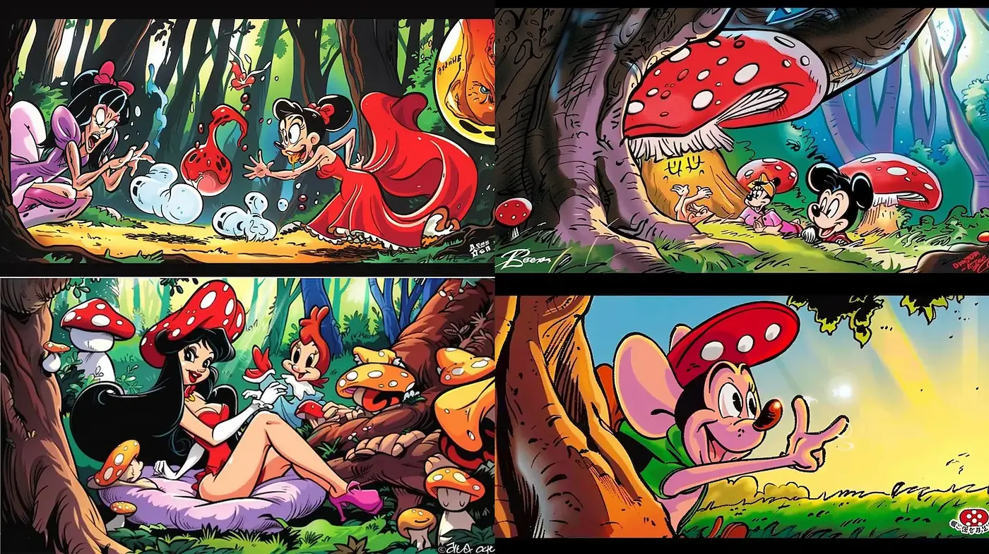 Vibrant and Playful Cartoonish Woodland Scenes with Enchanted Elements - Midjourney sref style
