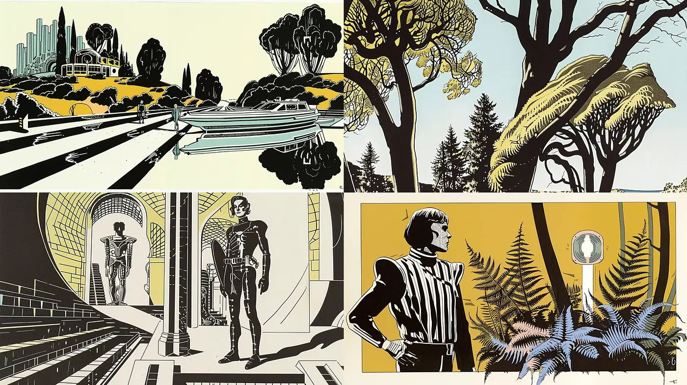 Retro-Futuristic Noir with High-Contrast Silhouettes and Sharp Line Work - Midjourney sref style