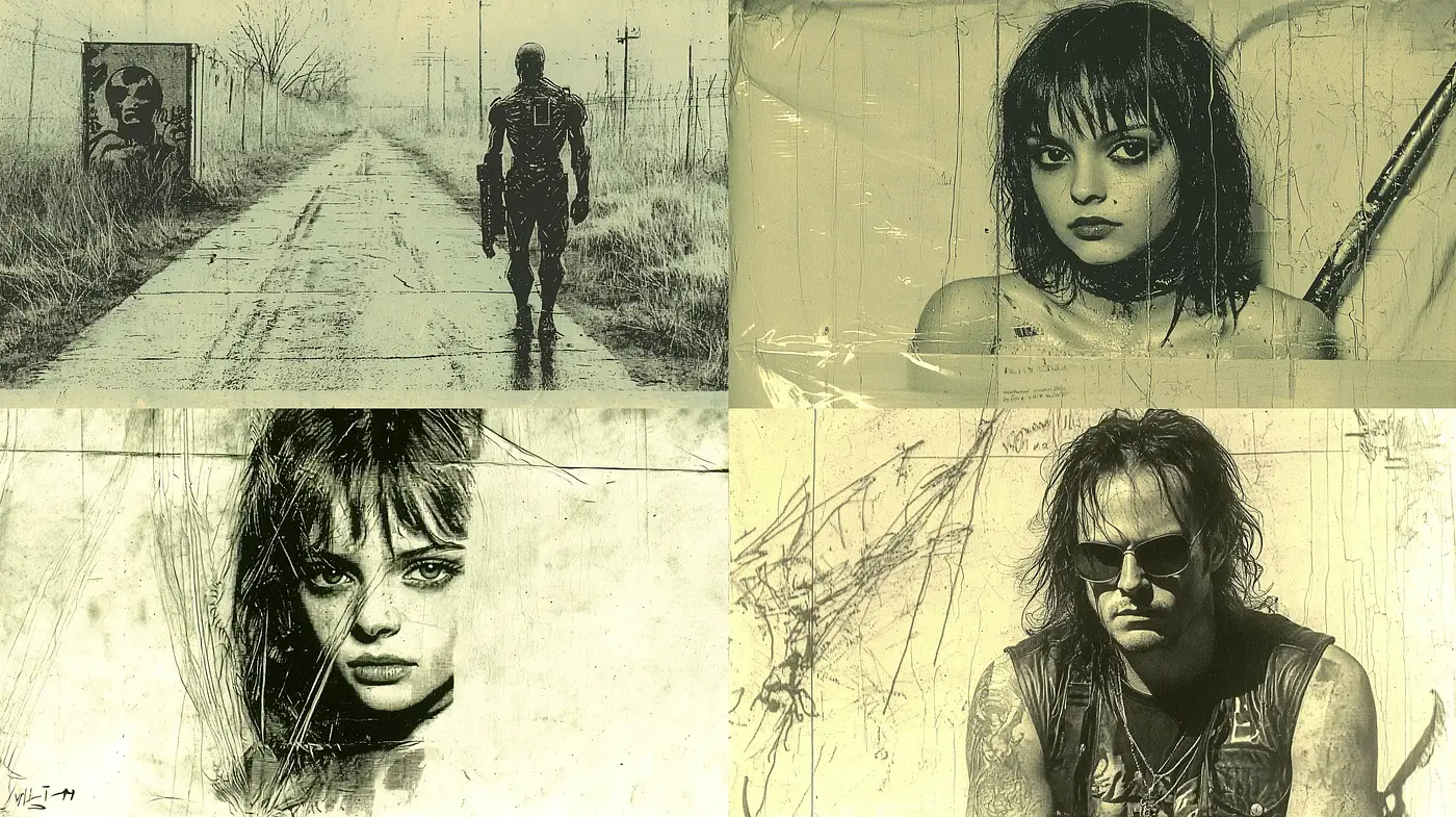 Gritty Sepia-Toned Cinematic Illustrations with Expressive Texturing - Midjourney sref style