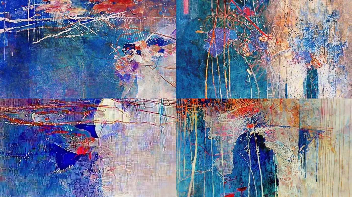 Abstract Expressionist Reverie with Textural Layers and Bold Chromatic Accents - Midjourney sref style