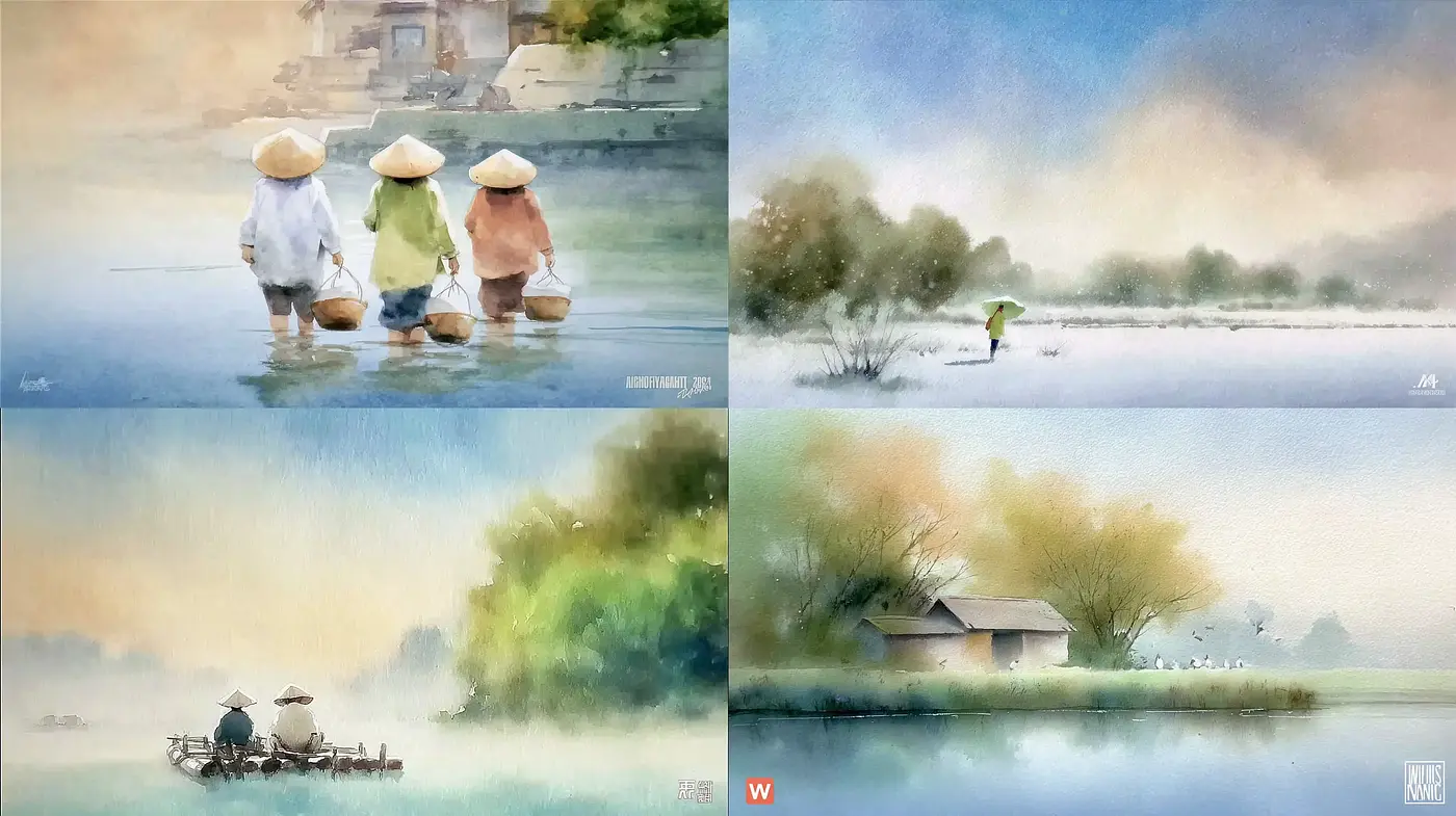 Serene Watercolor Landscapes Evoking Tranquility and Reflection - Midjourney sref style