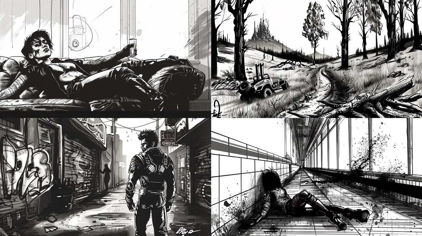 Monochromatic Sketchbook Narratives: Reflecting Intensity and Drama through Stark Contrasts and Detailed Line Art - Midjourney sref style