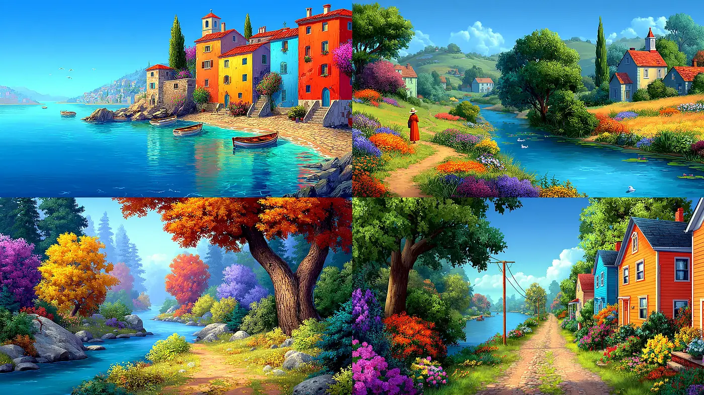 Vibrant and Lush Colorful Landscapes with a Playful Atmosphere - Midjourney sref style