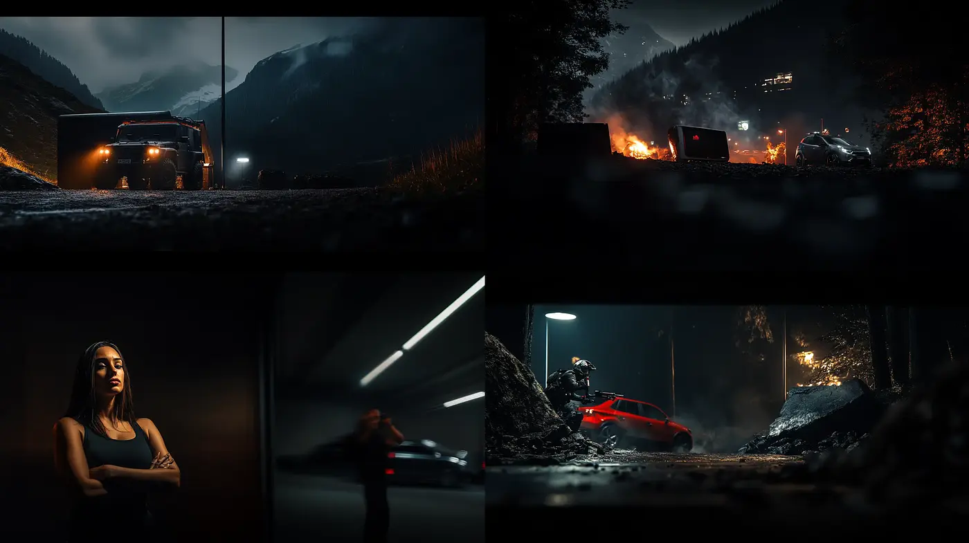 Nocturnal Cinematic Panache with a Hint of Suspense - Midjourney sref style