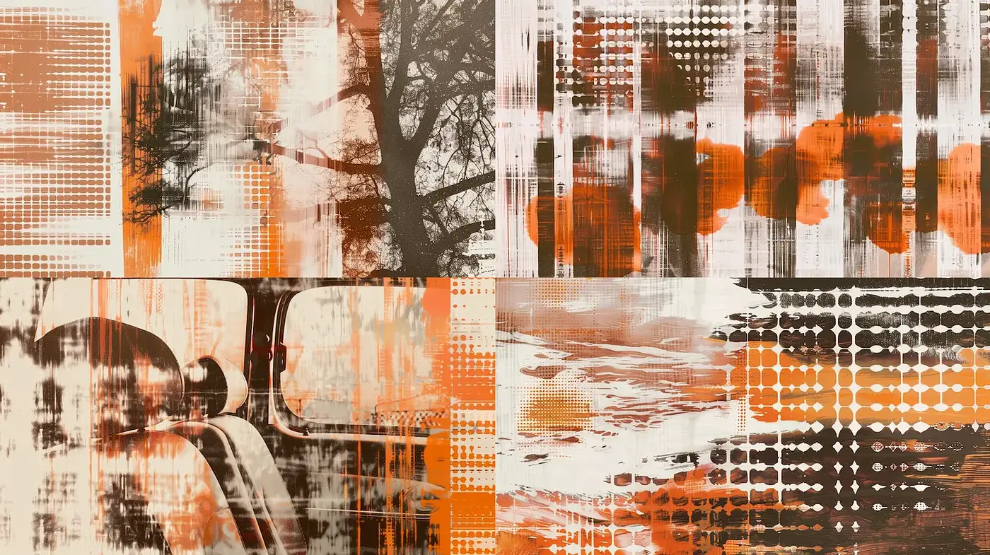 Textured Abstract Composition with Earthy Tones and Graphic Elements - Midjourney sref style