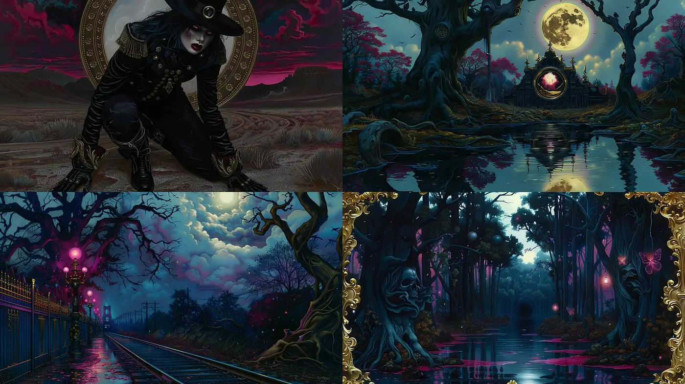 Gothic Elegance in Twilight Hues: A Harmonious Blend of Dark Fantasy and Enchanted Natural Landscapes - Midjourney sref style