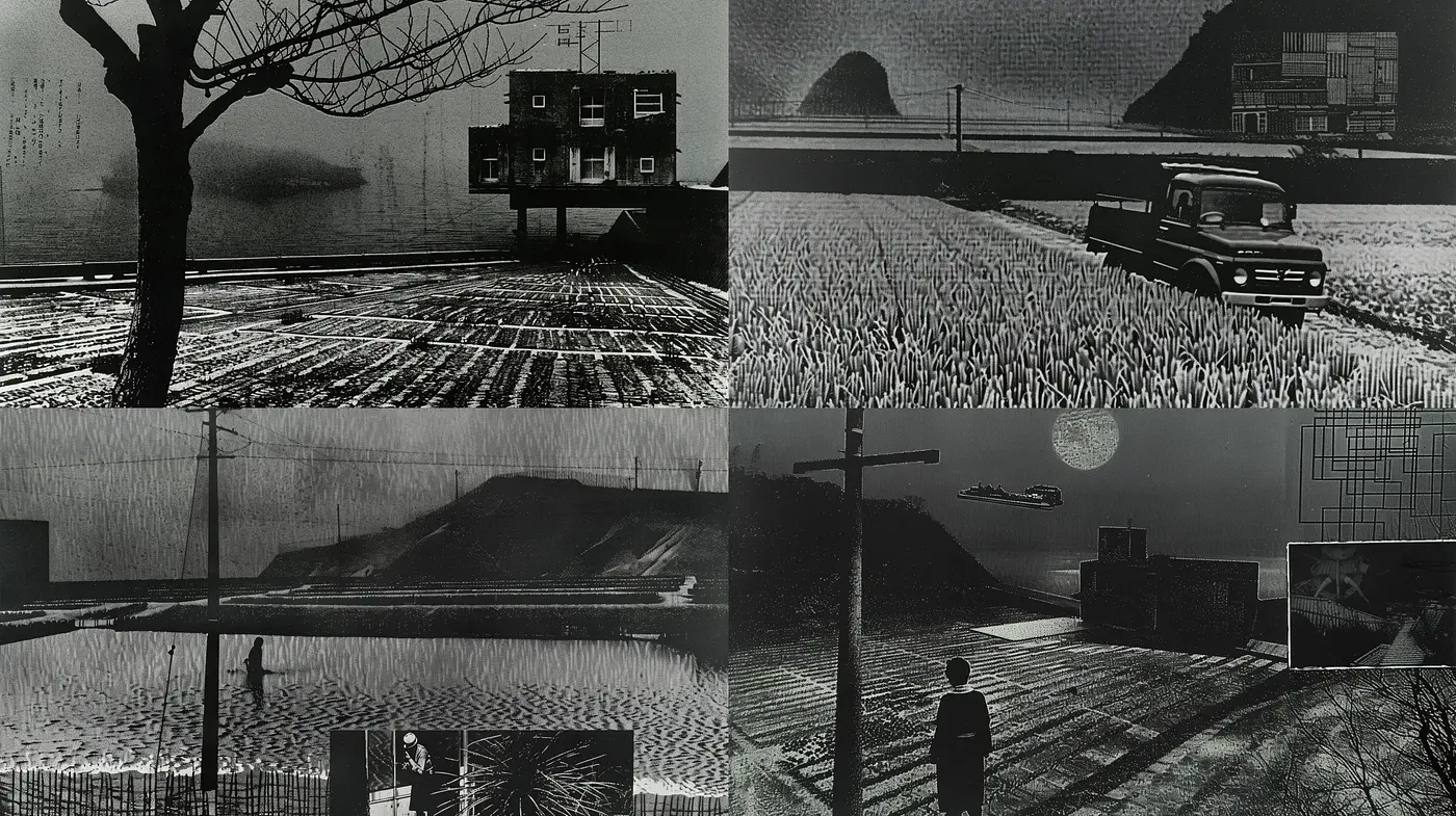Monochromatic Dreamscape: A Fusion of Melancholic Mid-Century Scenes and Grainy Textured Impressions - Midjourney sref style