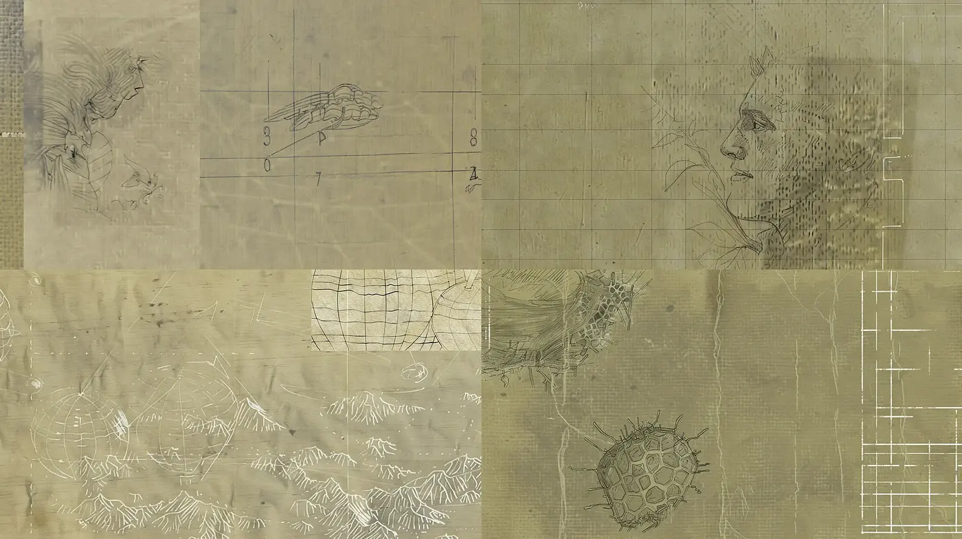 Da Vinci-Inspired Technical Sketchbook Montage in Sepia Tones - Midjourney sref style
