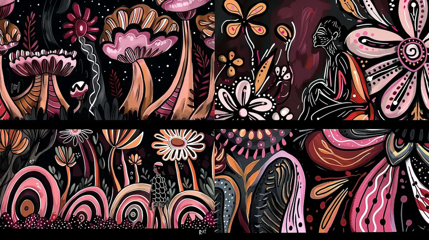 Vibrant and Whimsical Organic Illustrations with a Playful Psychedelic Vibe - Midjourney sref style