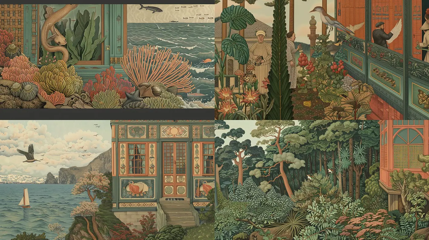 Nature-Infused Vintage Tapestry: A Harmonious Blending of Earthy Tones and Stylized Pastoral Elegance - Midjourney sref style