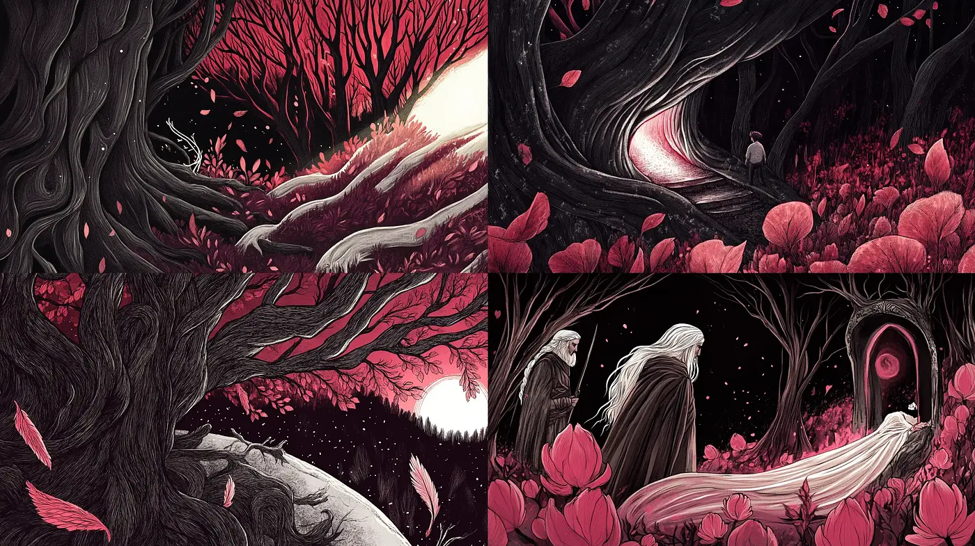 Enchanted Crimson Forest: A Mysterious and Intricate Illustrative Style - Midjourney sref style