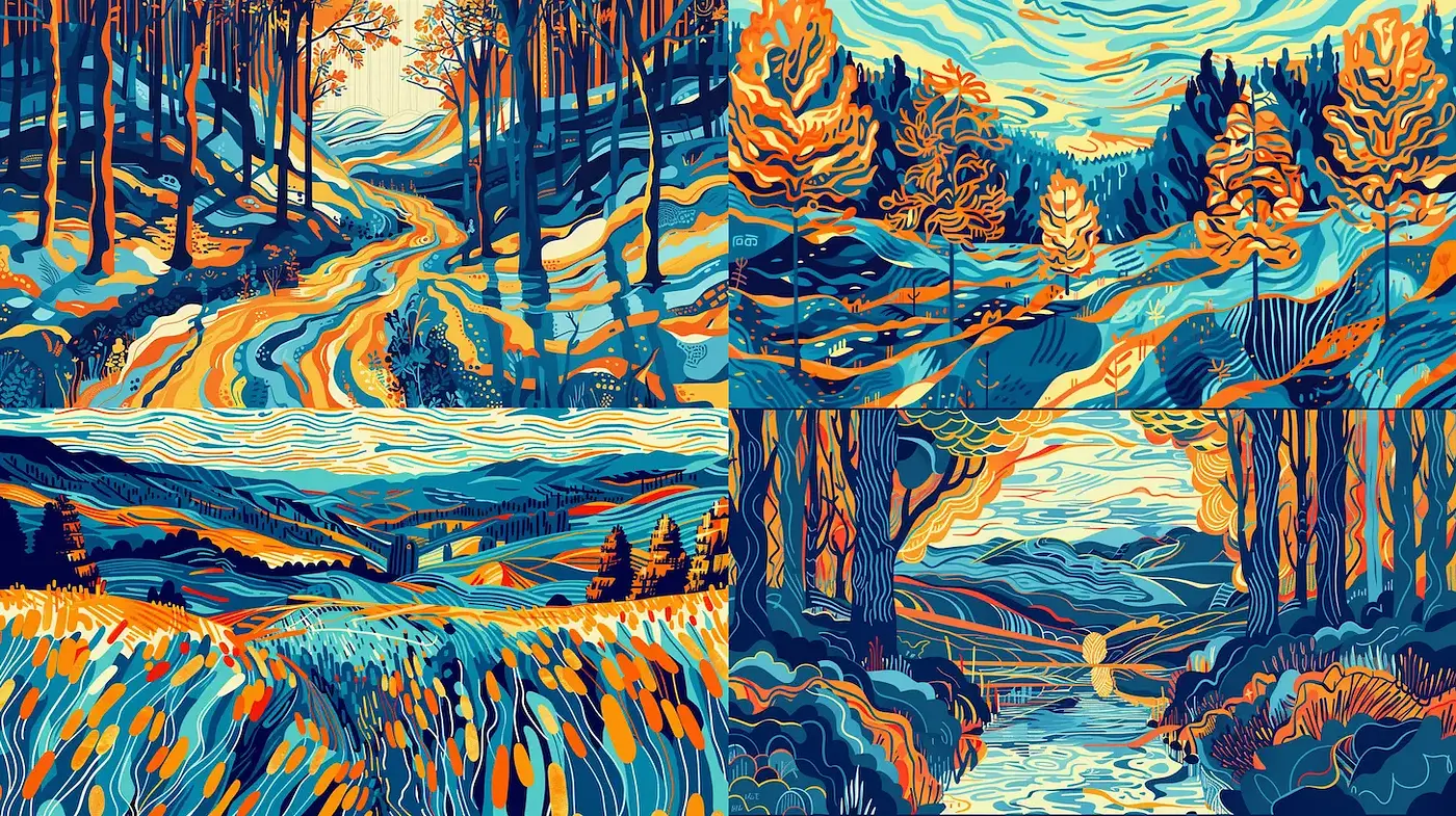 Vibrant natural landscapes with fluid patterns and contrasting colors - Midjourney sref style