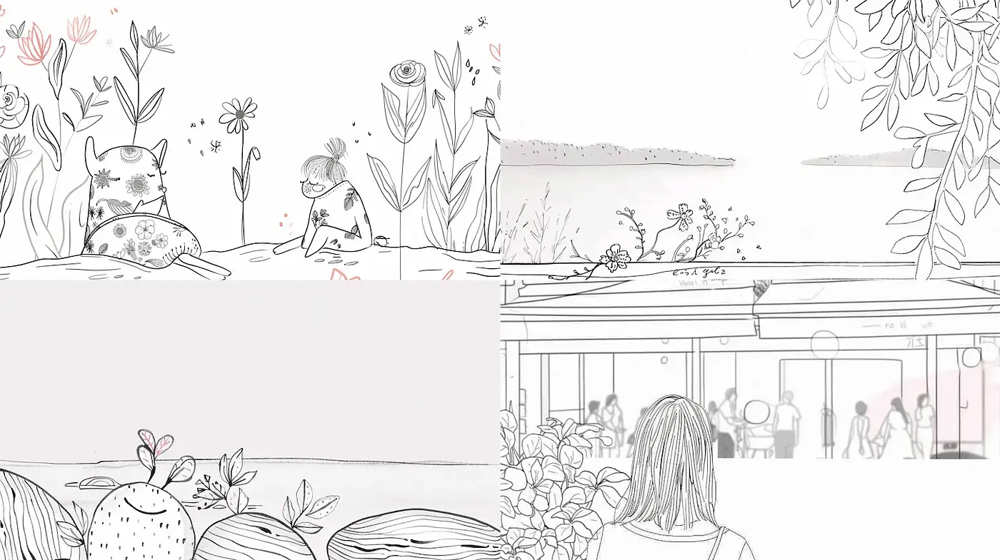 Whimsical Minimalist Illustrations with Nature and Human Interaction - Midjourney sref style