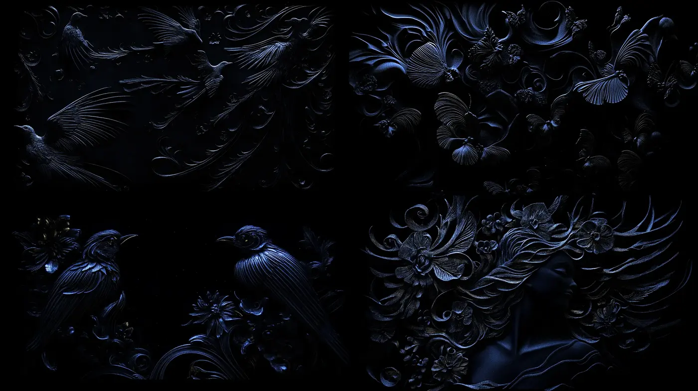 Nocturnal Elegance in Monochromatic Florals and Fauna - Midjourney sref style