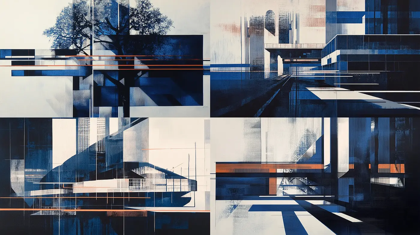 Futuristic Geometric Harmony in Shades of Blue and Orange - Midjourney sref style