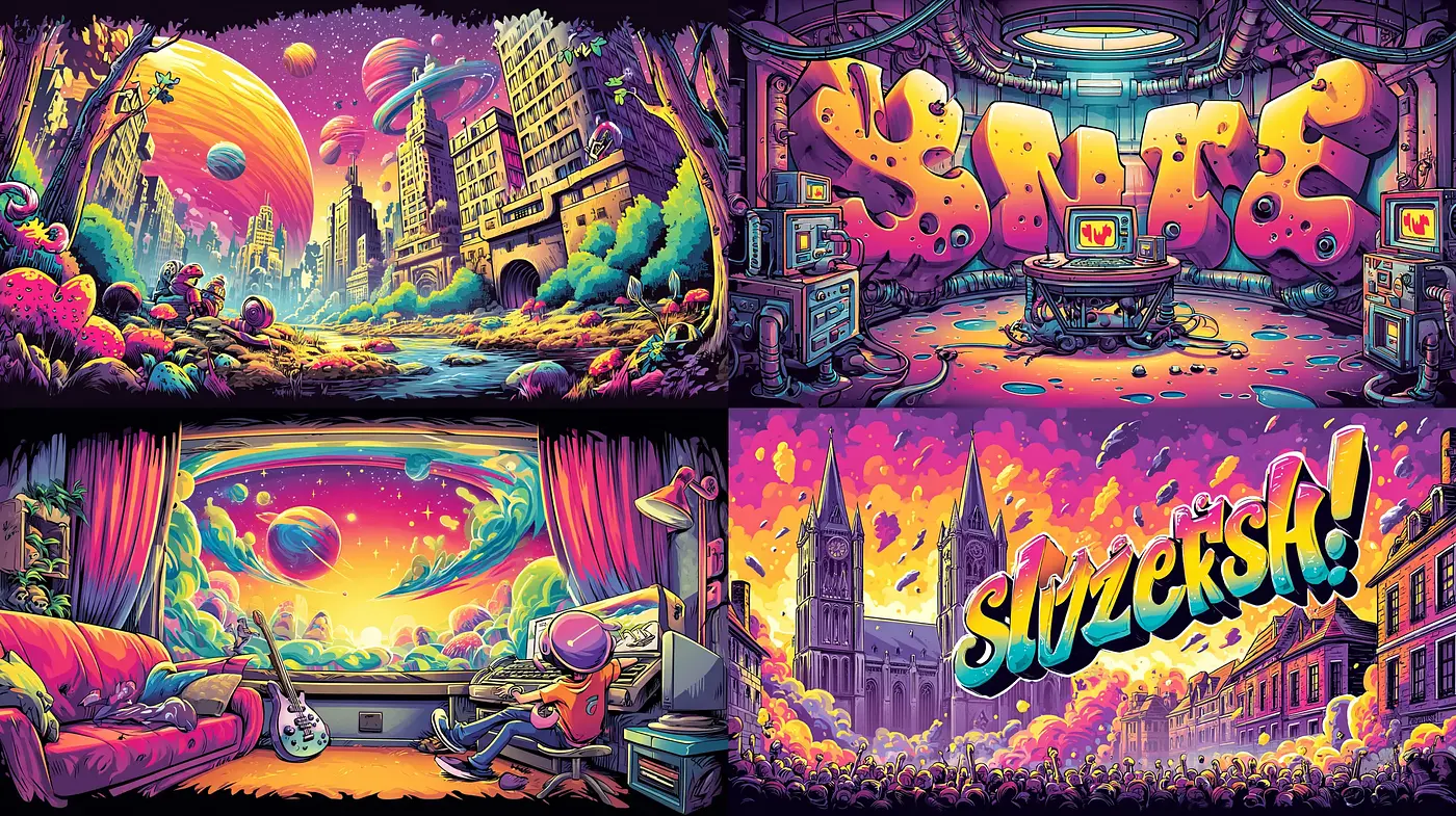 Vibrant surreal landscapes with retro-futuristic elements - Midjourney sref style