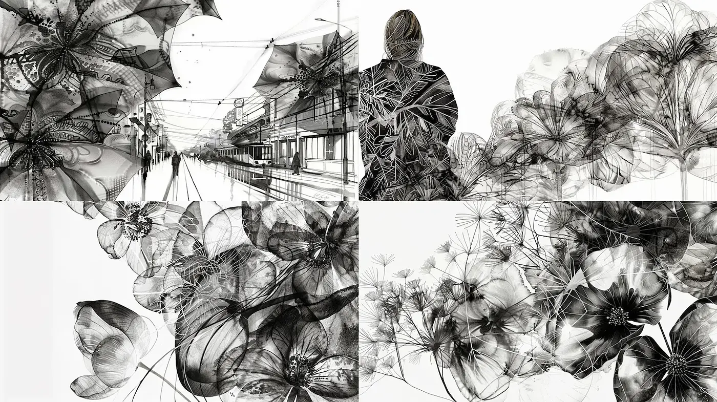 Exquisite blend of delicate floral elements and urban landscapes in black and white - Midjourney sref style
