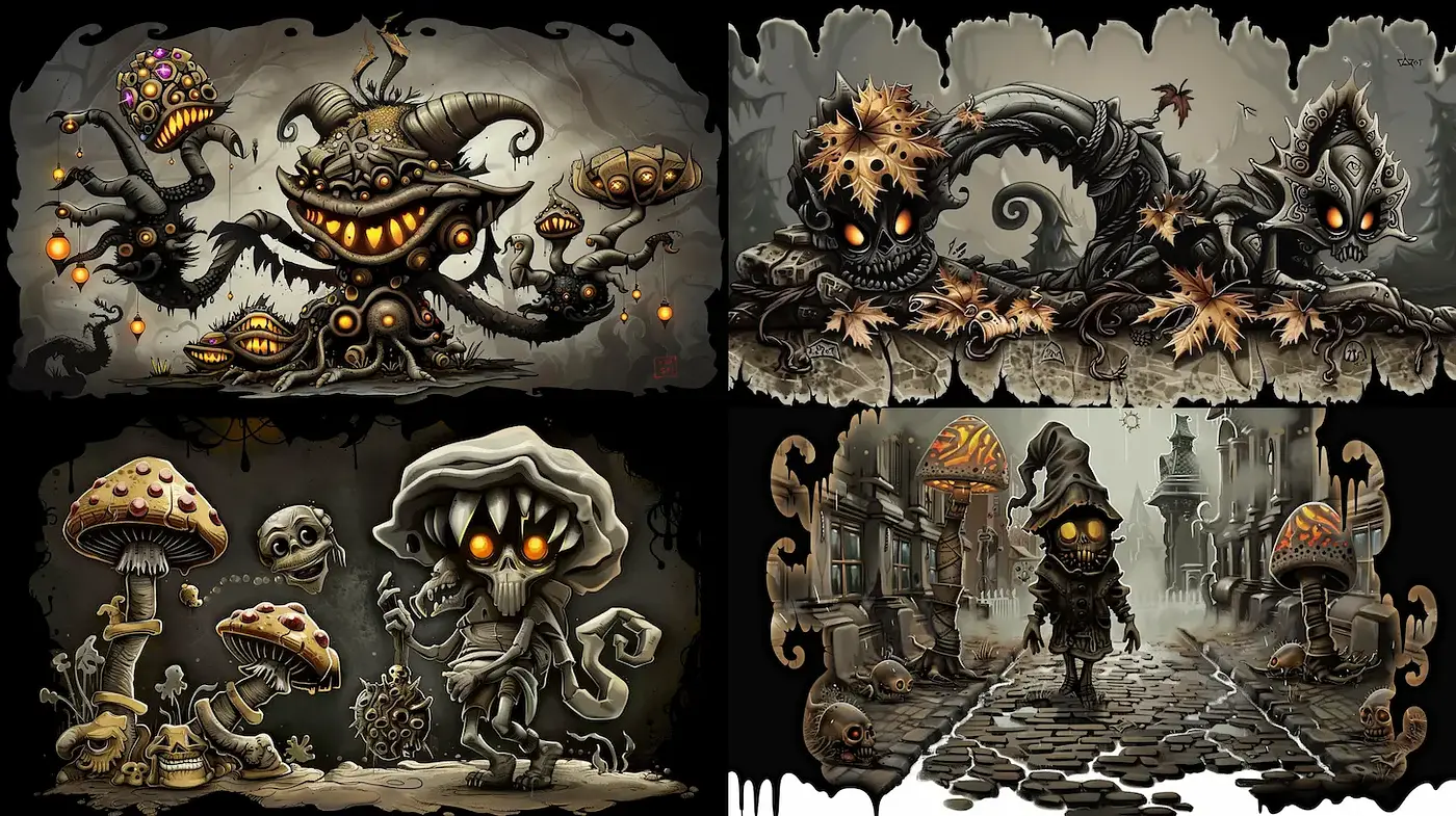Eerie and Whimsical Fantasy Illustrations with Dark Humor Elements - Midjourney sref style