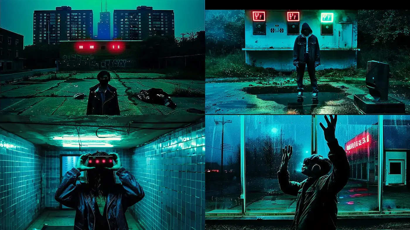 Futuristic Dystopian Aesthetic with Neon Hues and Atmospheric Depth - Midjourney sref style