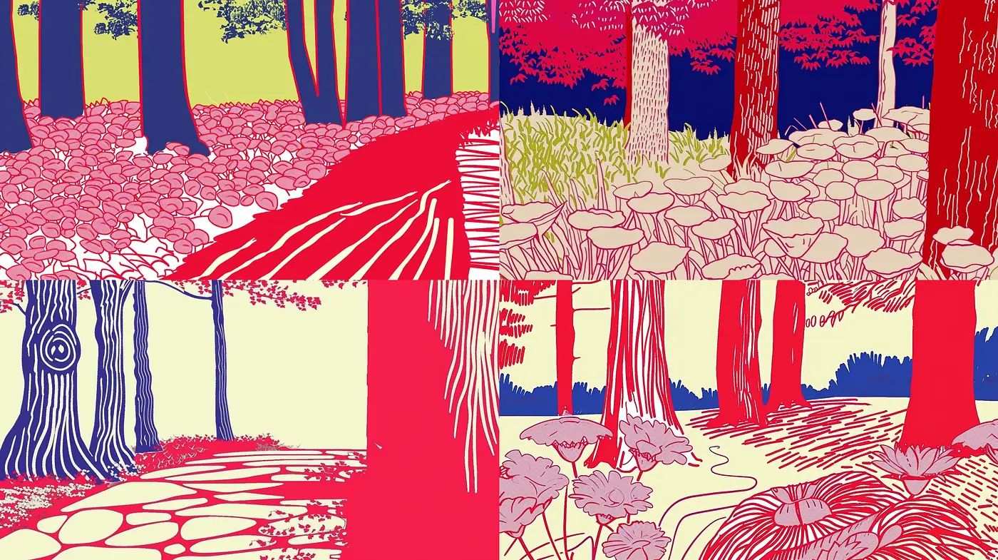 Stylized Forest in Bold Contrasting Hues - Midjourney sref style