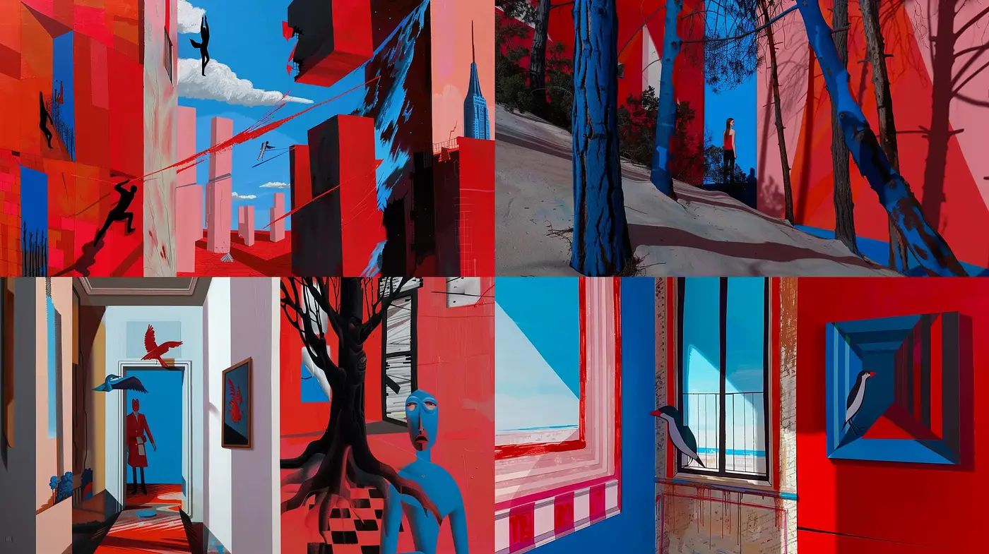 Vivid Geometric Surrealism with Sharp Contrasts and Dynamic Compositions - Midjourney sref style