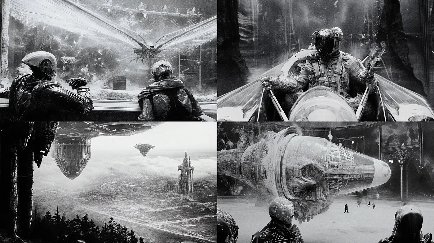 Monochromatic Futuristic Dreamscape with Surreal Elements - Midjourney sref style