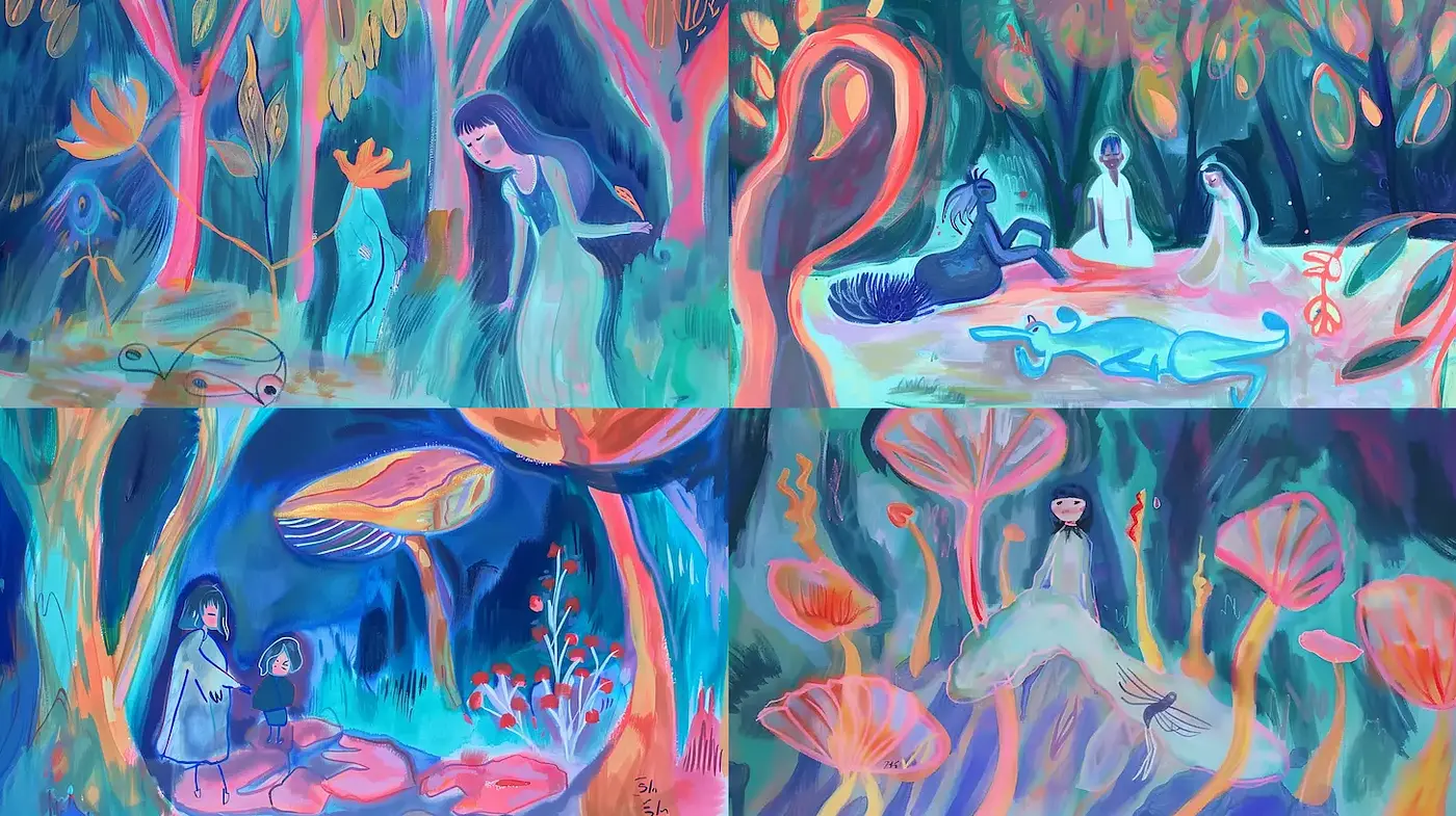 Dreamlike Whimsy with Vibrant Textural Elements - Midjourney sref style