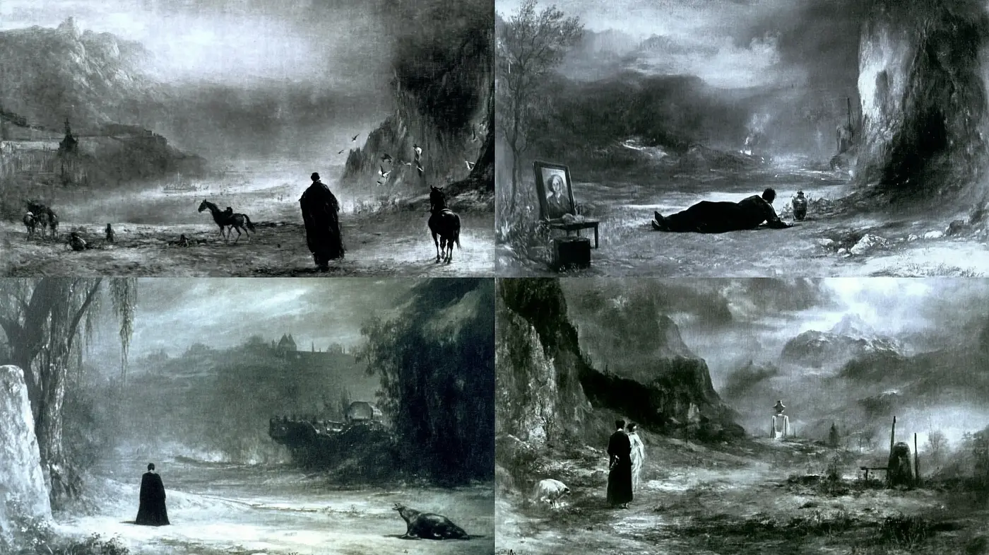 Ethereal Monochrome Landscapes: Shadows and Mist of the Pastoral Sublime - Midjourney sref style