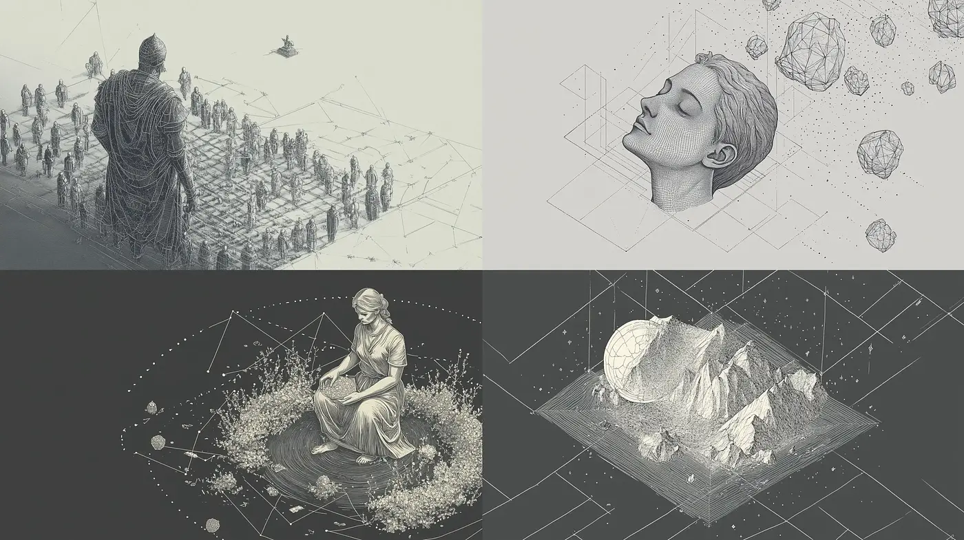 Monochromatic Geometric Melancholy: A Fusion of Classic and Modern Artistry - Midjourney sref style