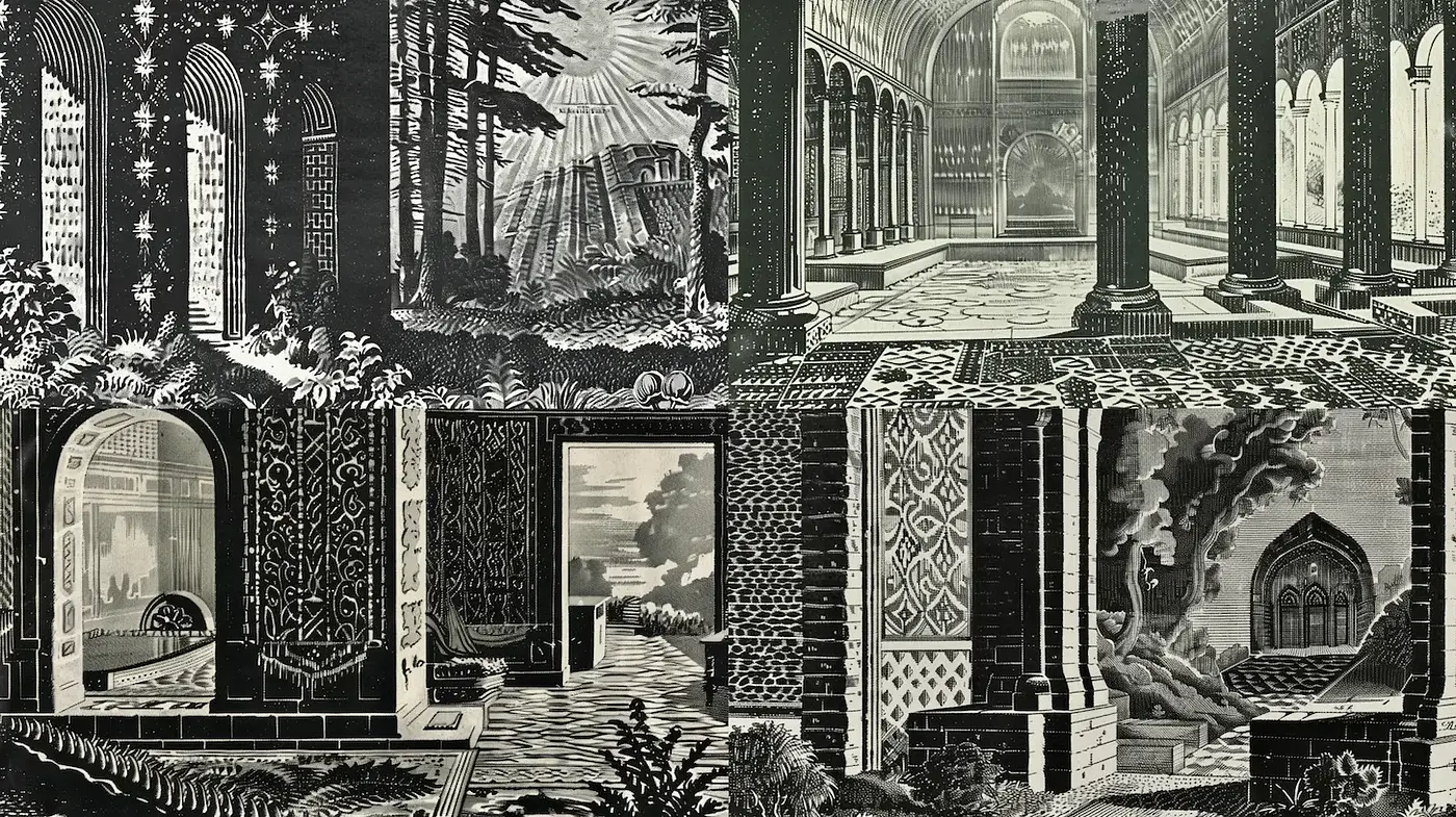 Intricate Black and White Architectural Imagery with Nature Elements - Midjourney sref style