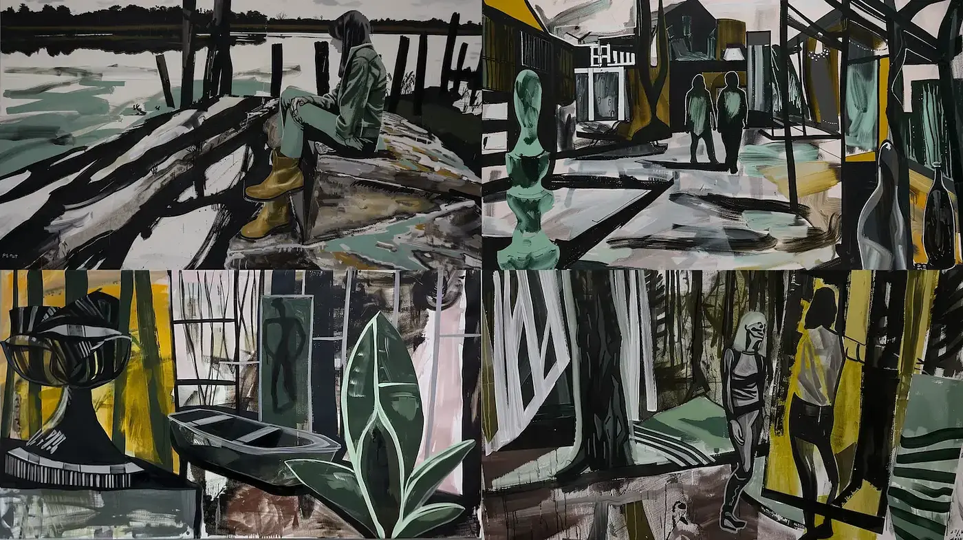 Modern illustrative compositions with a raw, expressive style - Midjourney sref style