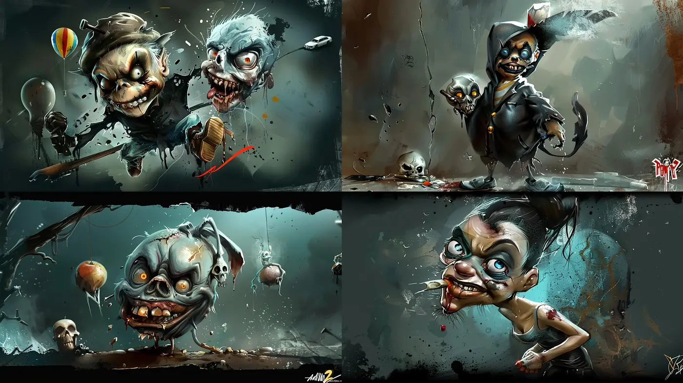 Whimsically Macabre Digital Paintings with a Surreal Dark Fantasy Flair - Midjourney sref style