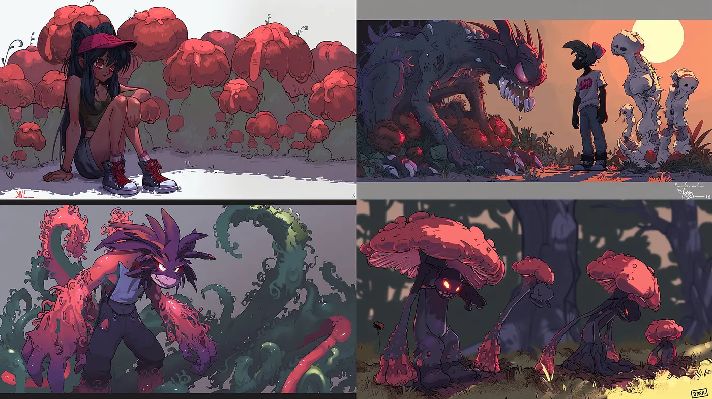 Consistent Fantasy Crimson and Twilight: A Deep Dive into Surreal Arboreal Homogeny - Midjourney sref style
