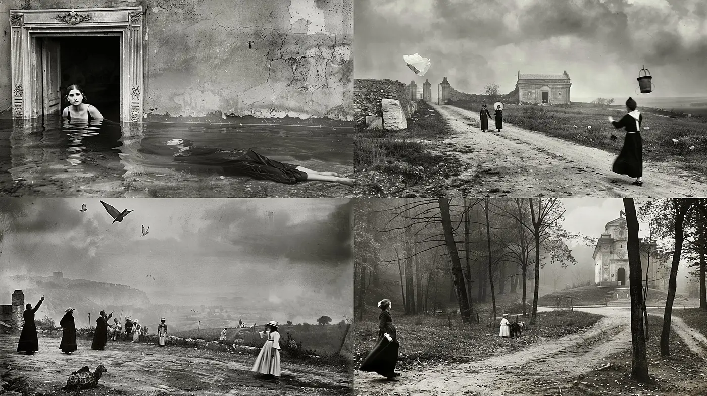 Monochromatic Echoes of Time: A Fusion of Vintage Aesthetics with Surrealist Undertones - Midjourney sref style