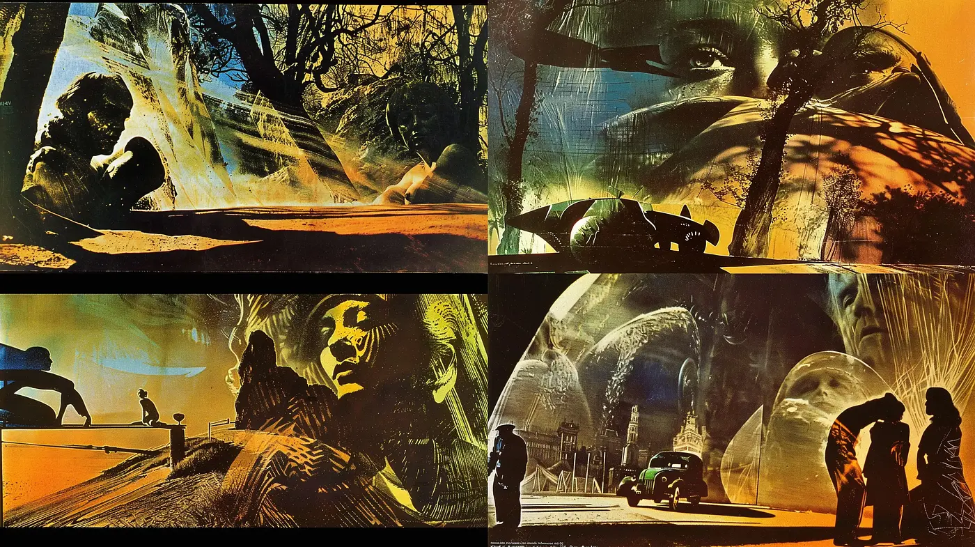 Dystopian Reverie: Surreal Sandscapes and Amber Hues - Midjourney sref style