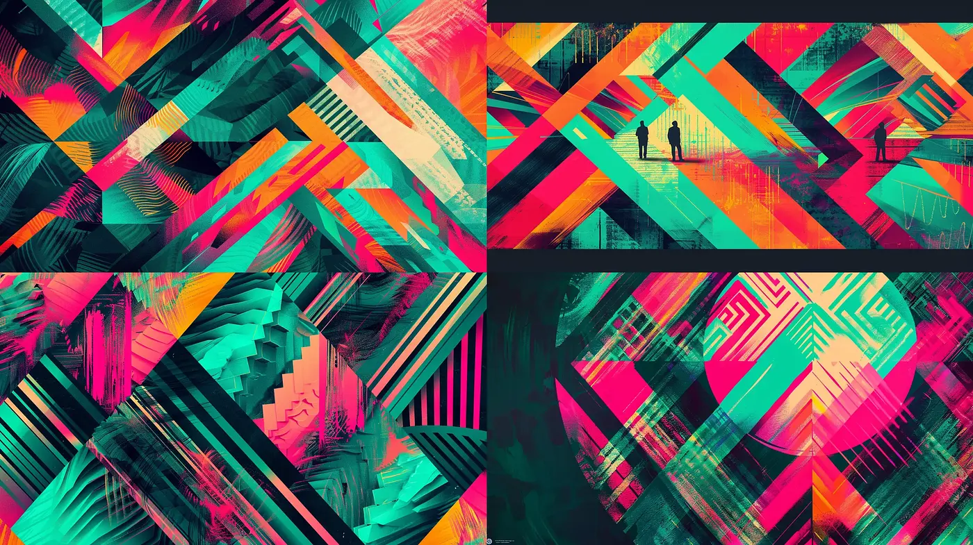 Geometric Fusion of Vivid Hues and Enigmatic Textures - Midjourney sref style