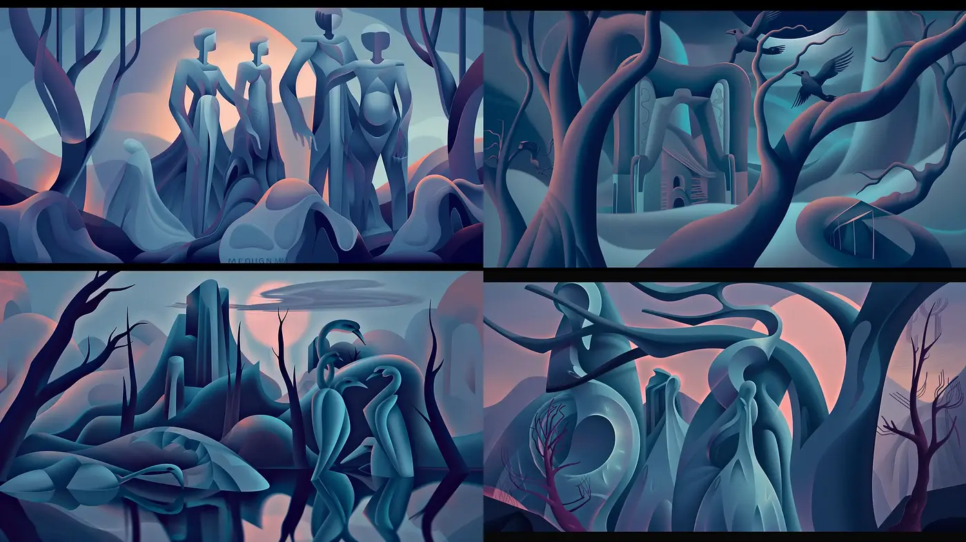 Surreal Serenity: A Dreamlike Voyage through Stylized Landscapes - Midjourney sref style