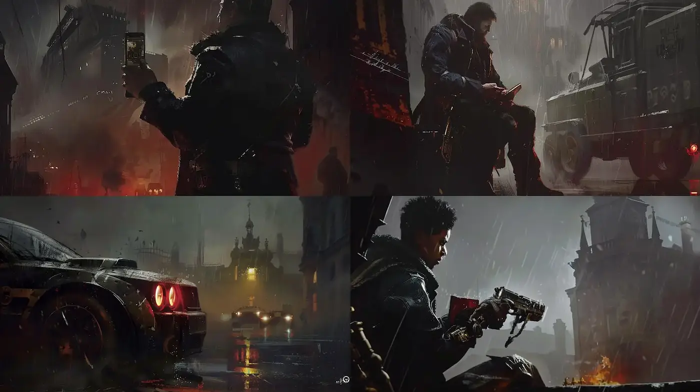 Dark Urban Dystopia with Moody Lighting and Textural Depth - Midjourney sref style