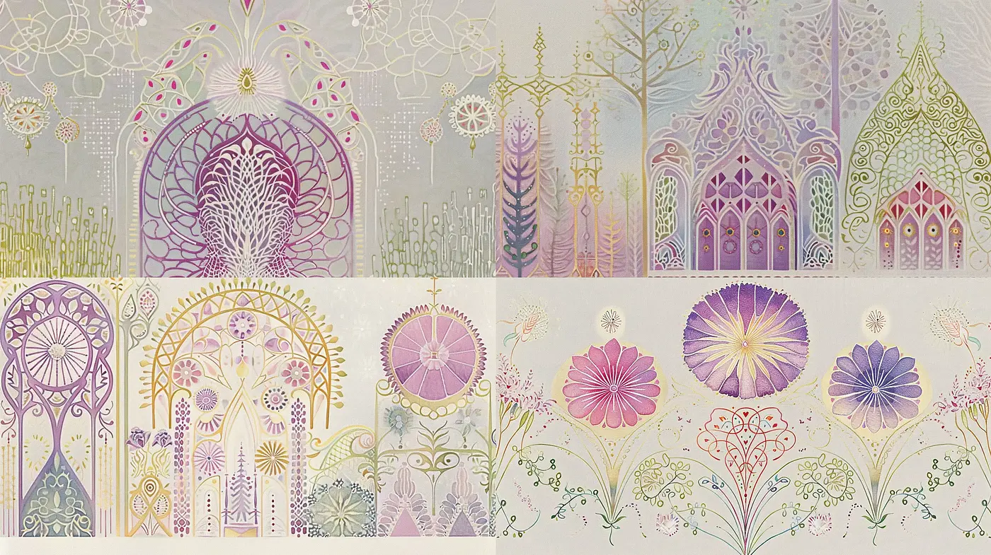 Ethereal Pastel Dreamscapes with Art Nouveau Elegance - Midjourney sref style