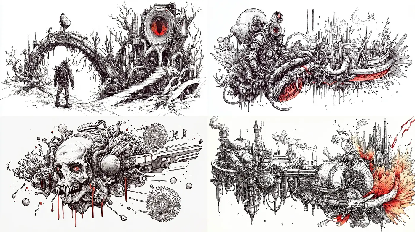 Monochromatic Mechanica: A Fusion of Organic and Synthetic Imagery - Midjourney sref style