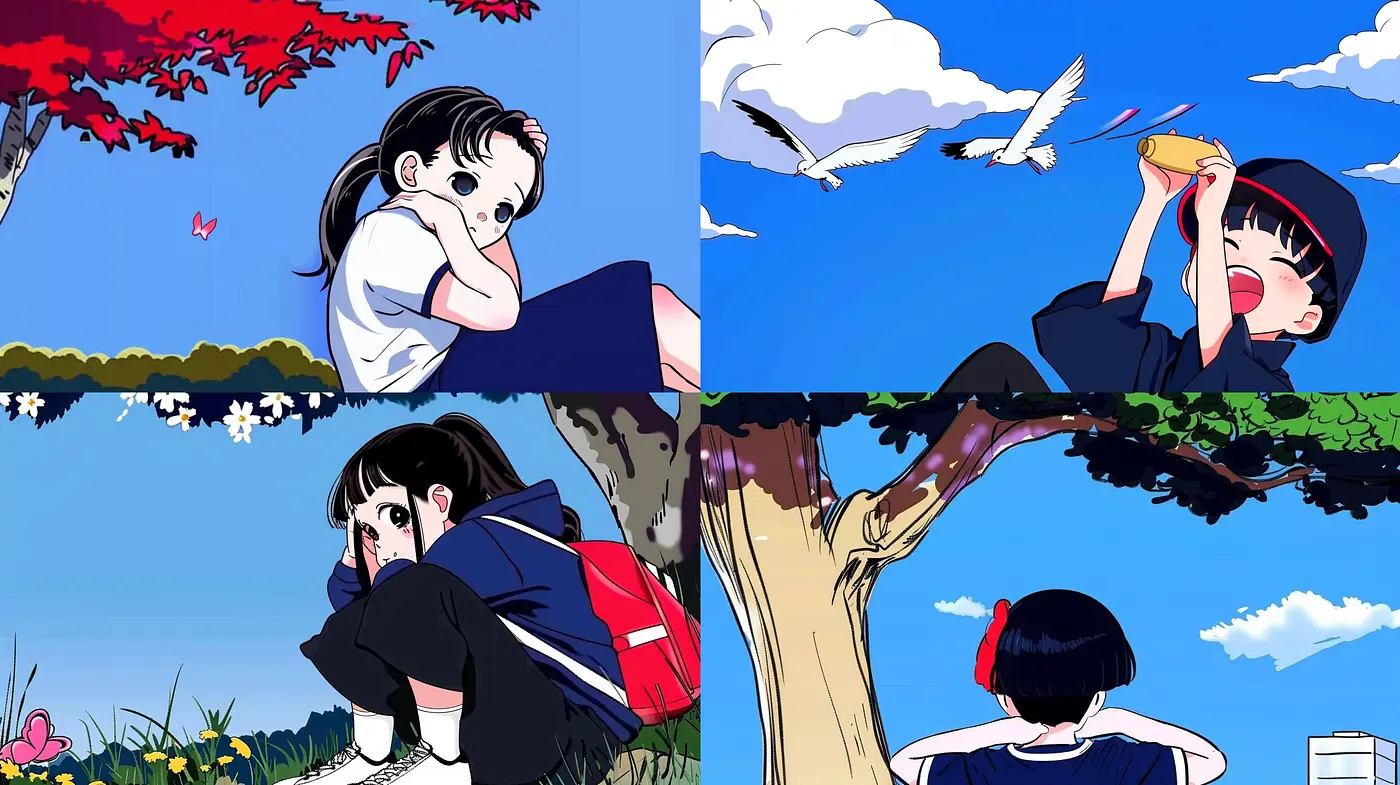 Serene Vignettes of Youth: A Harmonious Blend of Vivid Anime-Inspired Hues and Pastoral Moods - Midjourney sref style