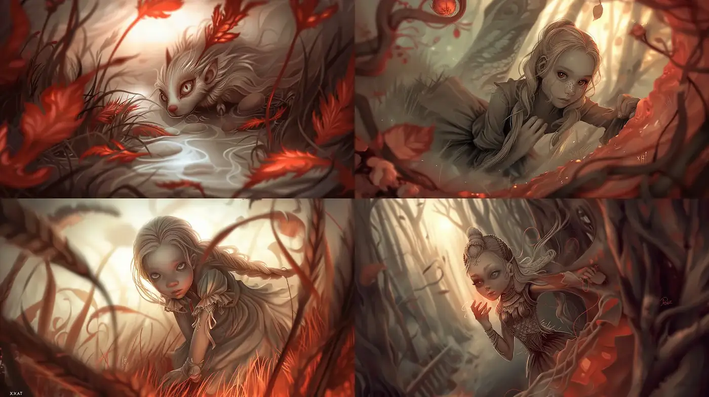 Eerie yet enchanting aesthetic with a harmonious blend of ethereal characters and nature - Midjourney sref style