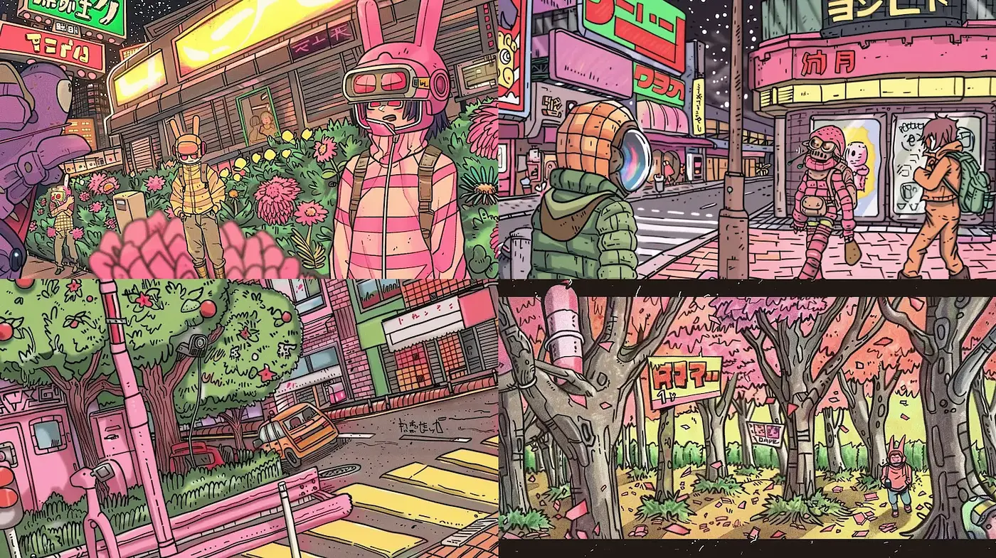 Vibrant Urban Fantasy with Retro Futurism Elements - Midjourney sref style