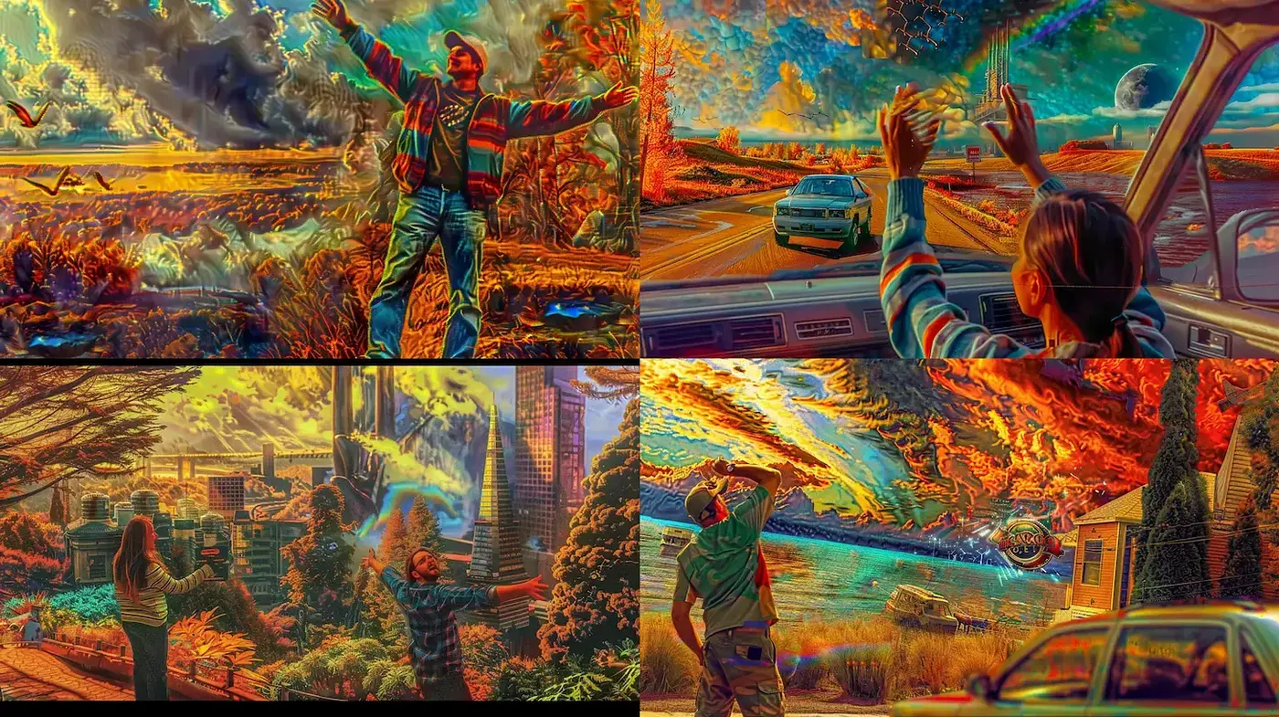 Surreal and Vivid Landscape Exploration with Retro Elements - Midjourney sref style