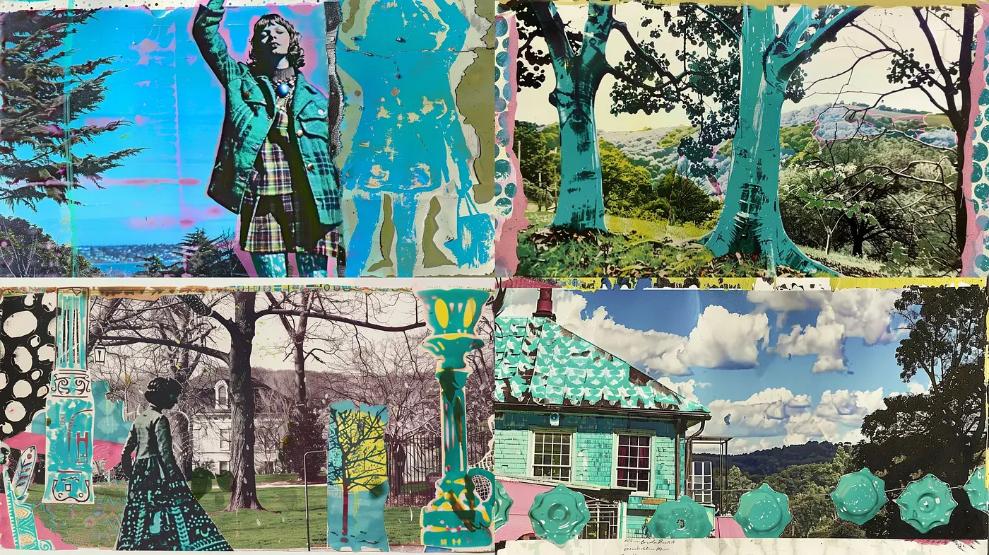 Collage of Timeless Serenity: A Patchworked Nostalgia of Pastoral Scenes and Vintage Textures - Midjourney sref style